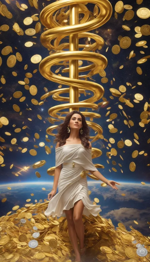 a woman in a white dress standing on a pile of gold coins