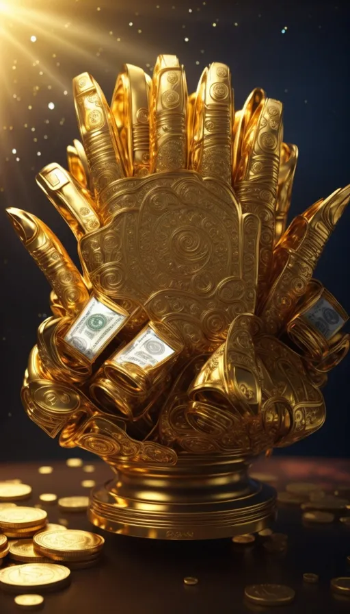 a golden glove with money in it sitting on top of a table