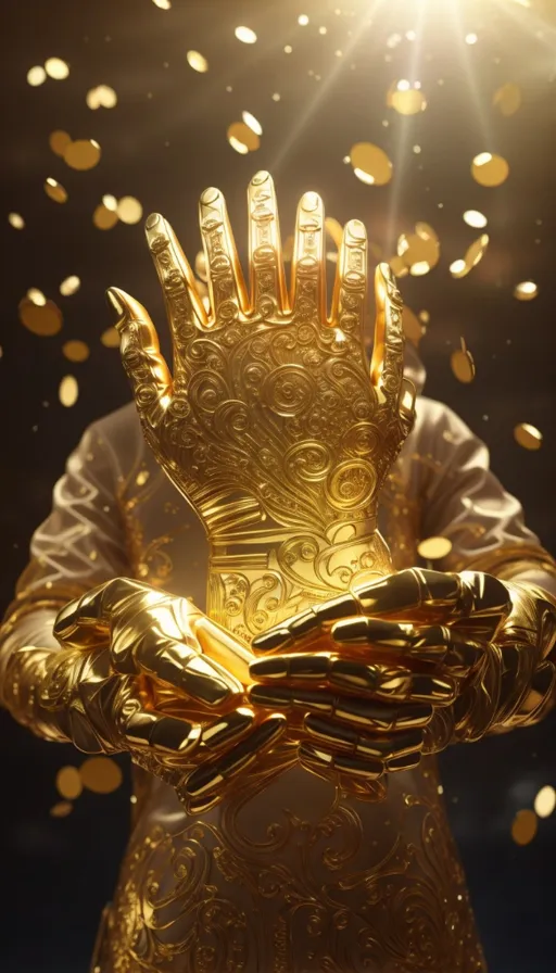 a golden statue of a person with their hands in the air