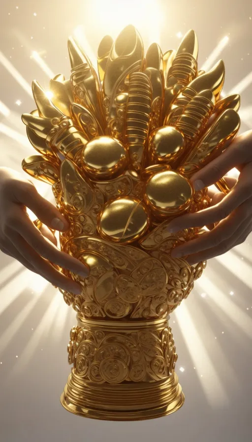 a golden vase with many gold objects in it