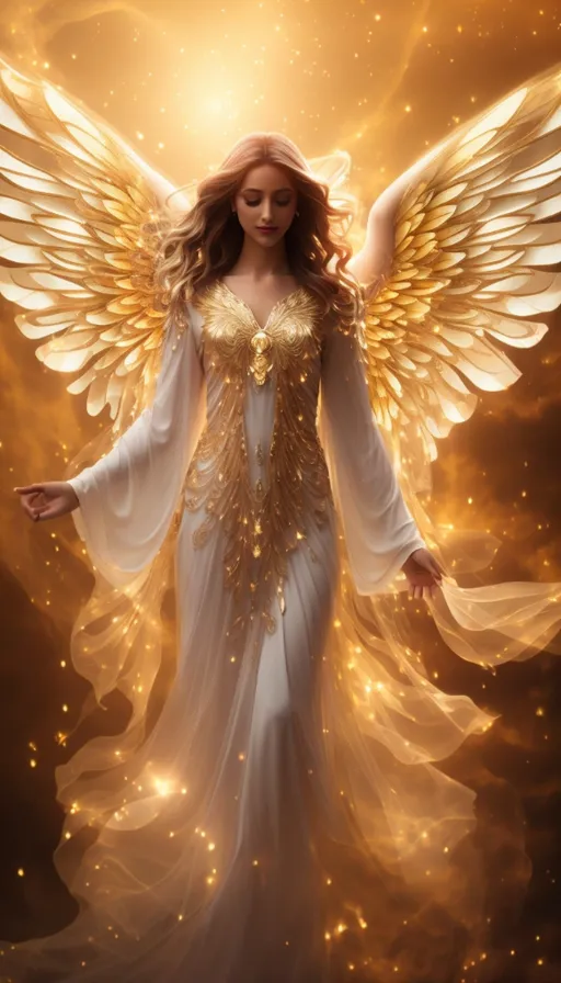 a woman in a white dress with gold wings