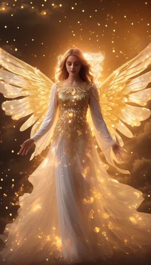 a woman in a white dress with gold wings