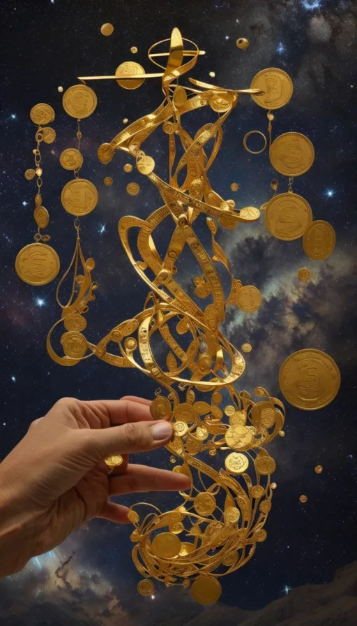 a hand reaching for a golden object in the sky