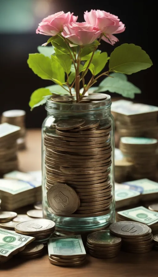 a glass jar filled with money and a pink flower