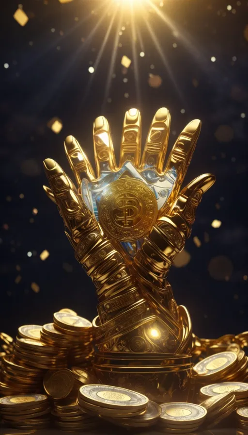 a golden hand that is on top of a pile of gold coins