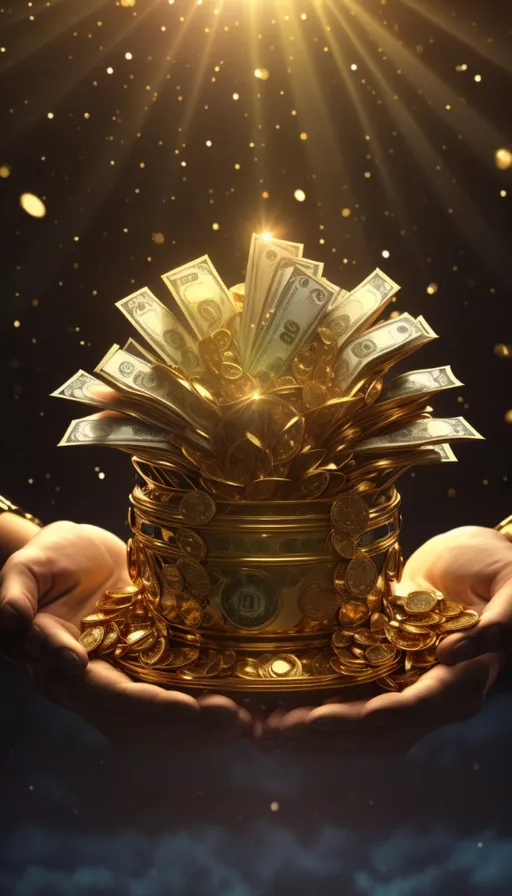 a person's hands holding a gold pot filled with money