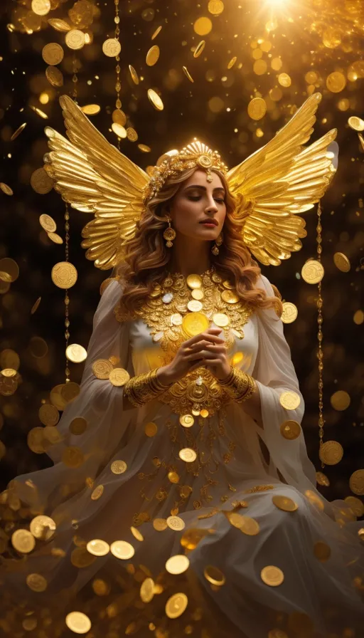 a woman in a white dress and gold wings