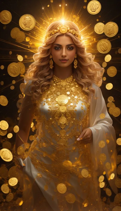 a woman in a white dress with gold coins around her