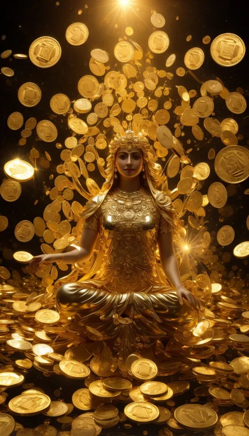 a woman in a golden dress surrounded by gold coins