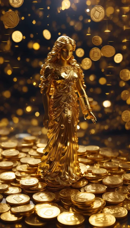 a golden statue standing on top of a pile of gold coins