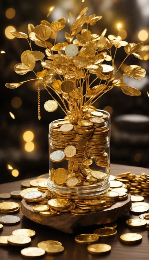 a vase filled with gold coins on top of a table