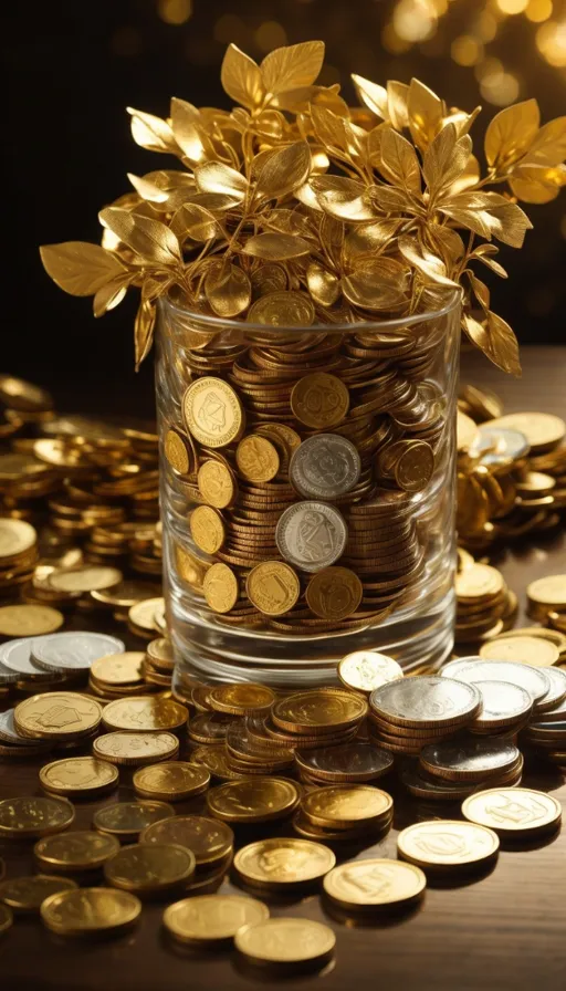 a glass jar filled with lots of gold coins