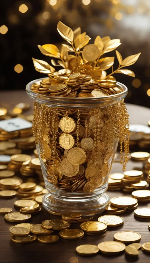 a glass jar filled with lots of gold coins