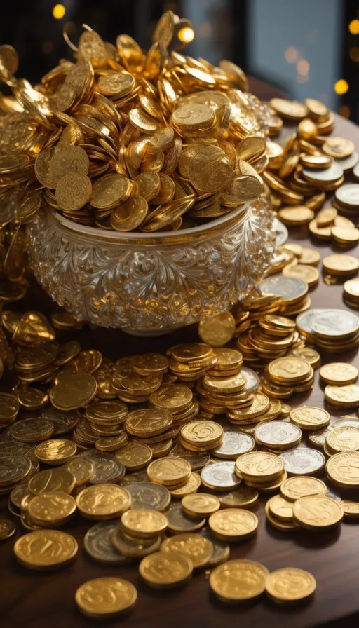 a bowl filled with gold coins on top of a table