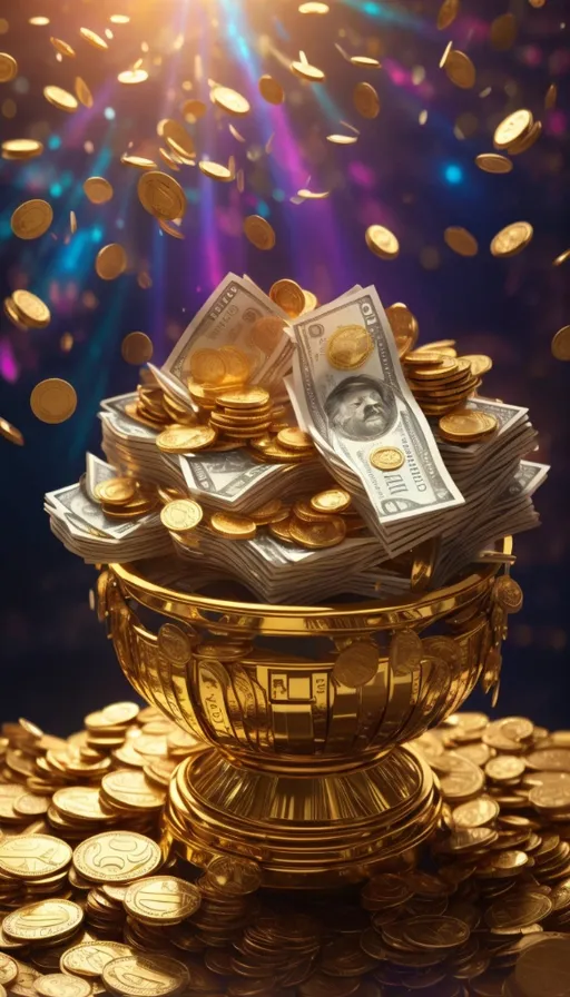 a golden bowl filled with money on top of a table