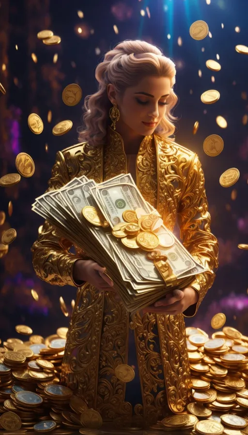 a woman in a golden outfit holding a stack of money