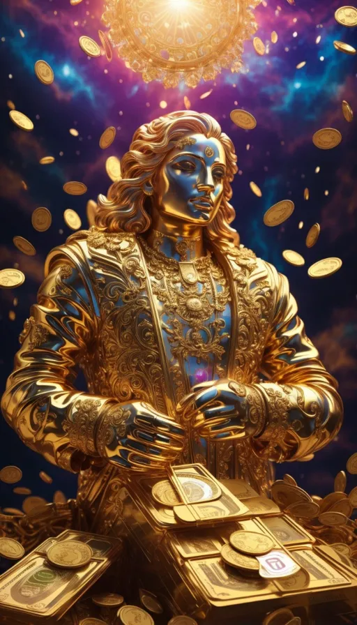 a golden statue surrounded by gold coins