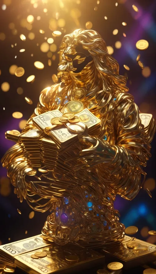 a golden statue of a person holding a stack of money