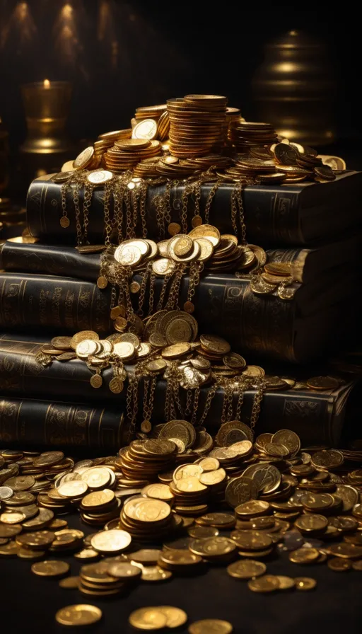 a pile of gold coins sitting on top of a table