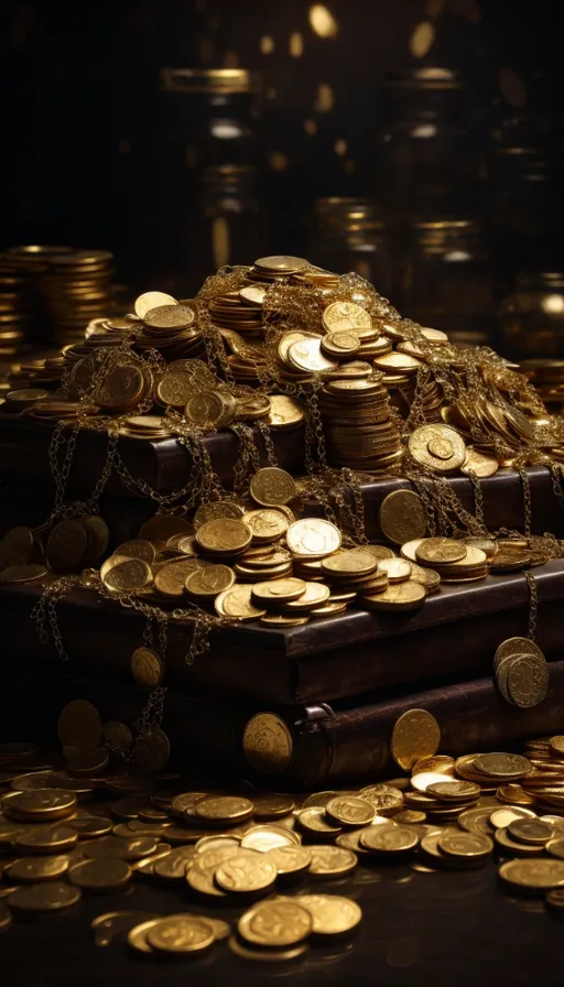 a pile of gold coins sitting on top of a table