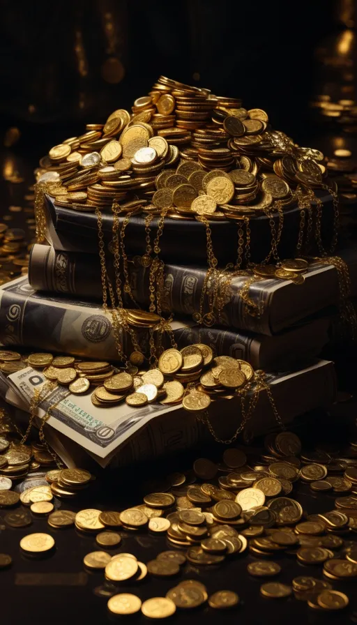 a pile of money sitting on top of a pile of gold coins