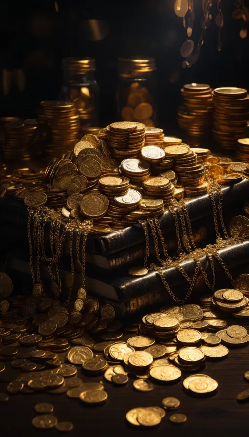 a pile of gold coins sitting on top of a table