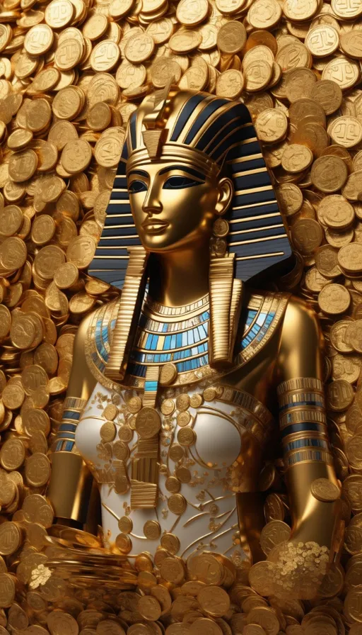 an egyptian statue surrounded by gold coins