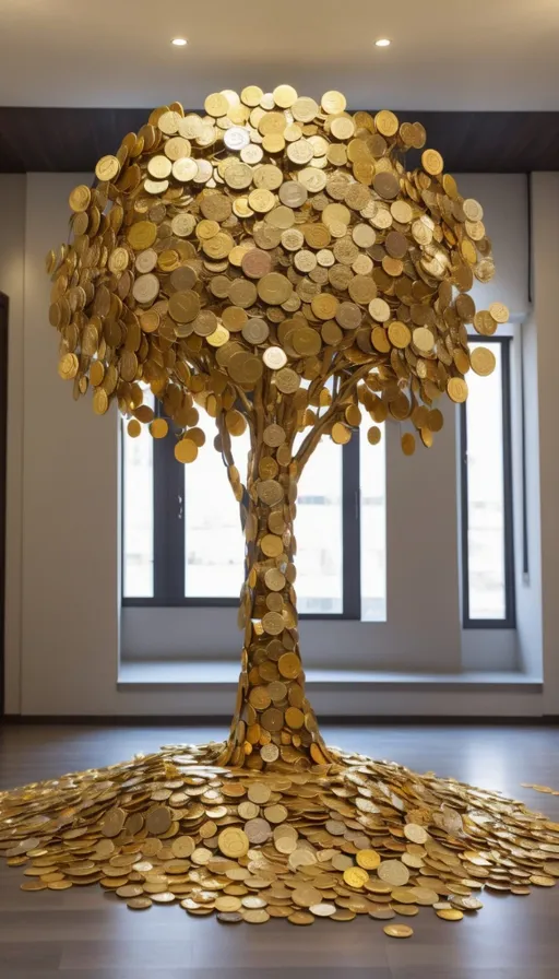 a tree made out of gold coins in a room