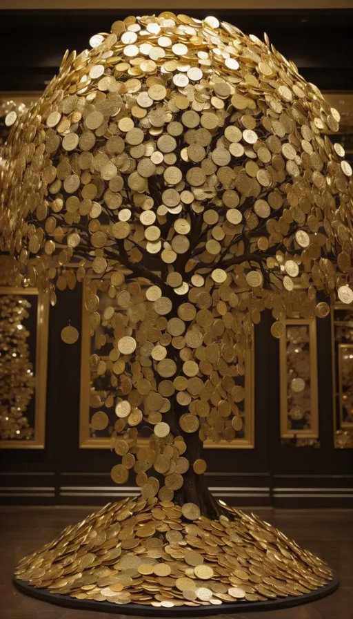 a large golden tree with lots of coins on it