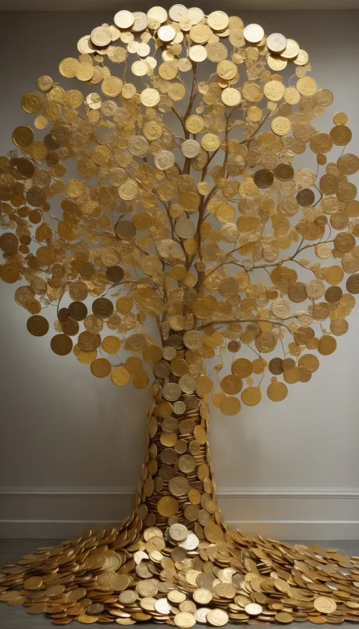 a tree made out of gold coins in a room