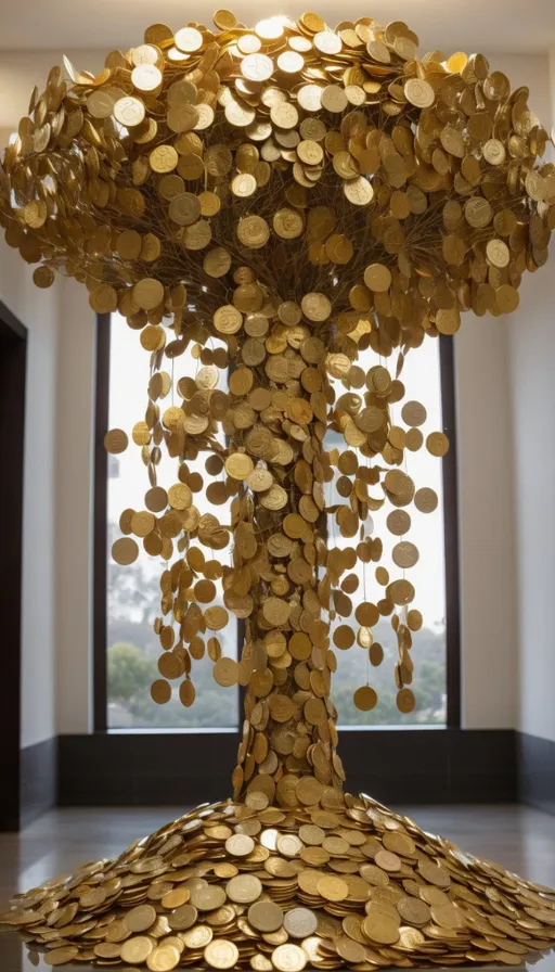 a sculpture made out of gold coins in a room