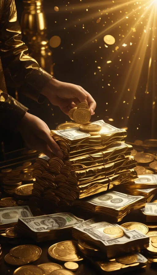 a person putting a coin into a pile of gold coins