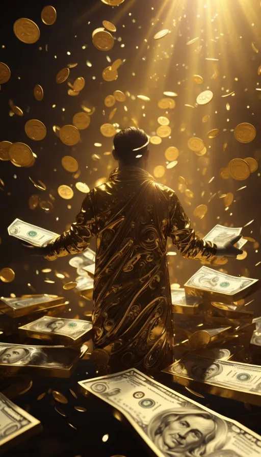 a man standing on top of a pile of money