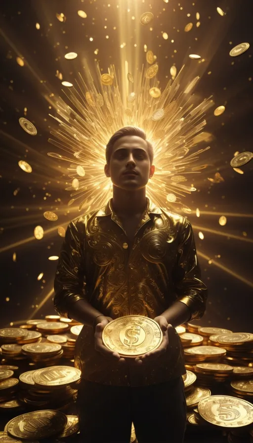 a man standing in front of a pile of gold coins