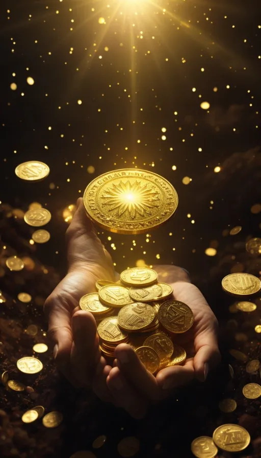 a person holding a handful of gold coins