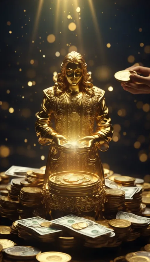 a golden statue sitting on top of a pile of money