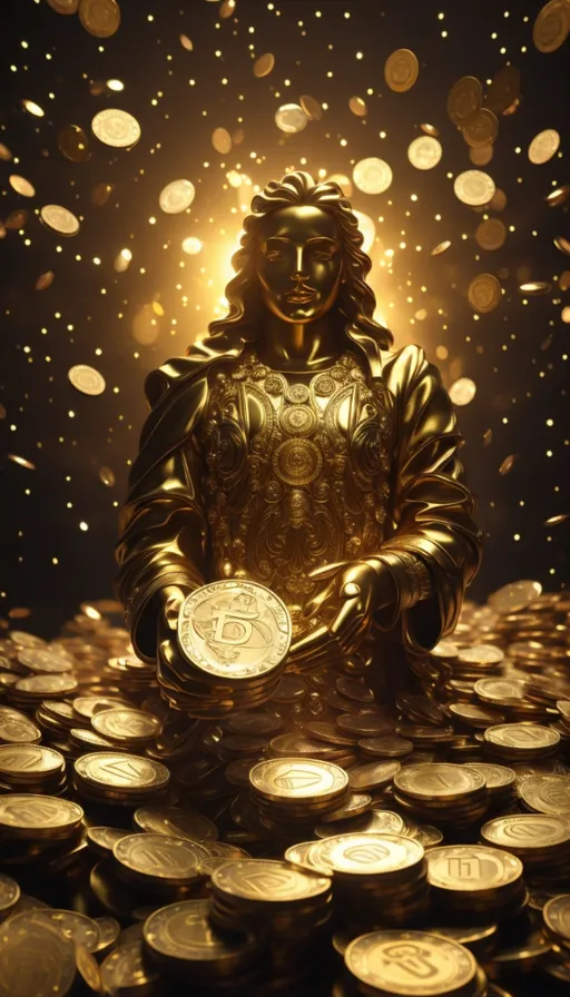 a golden statue surrounded by gold coins