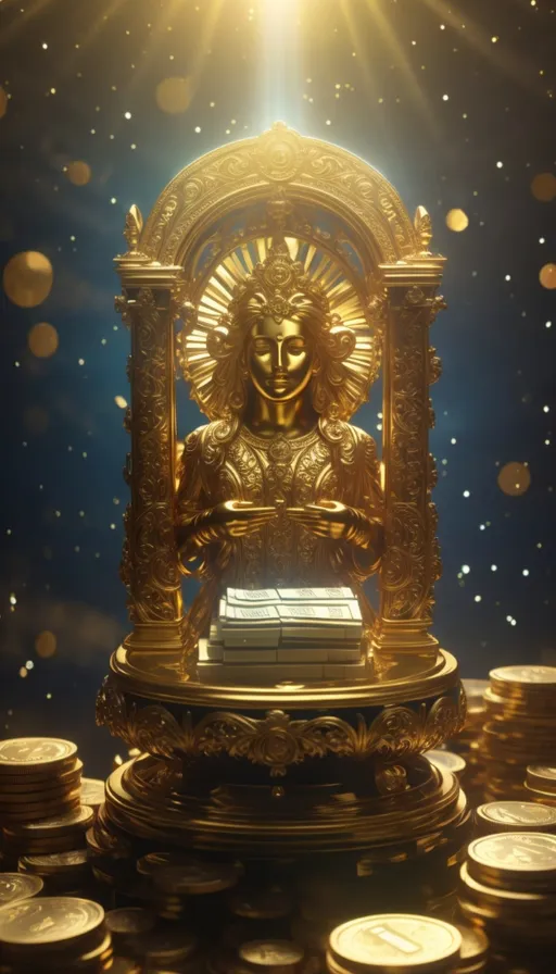 a golden statue sitting on top of a pile of coins