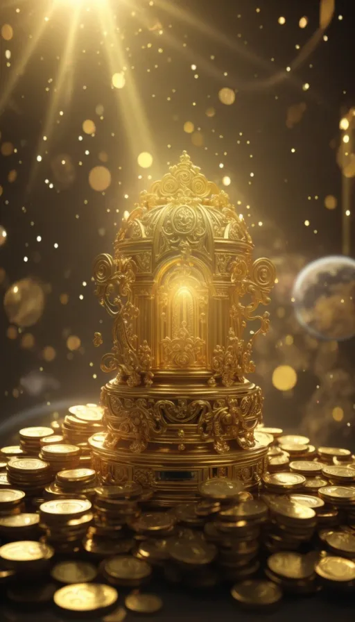 a golden throne surrounded by gold coins