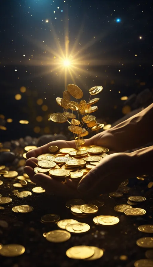 a person holding a pile of gold coins