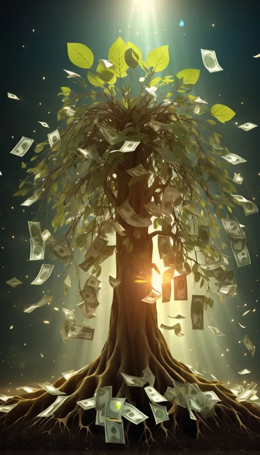 a tree with money falling from it