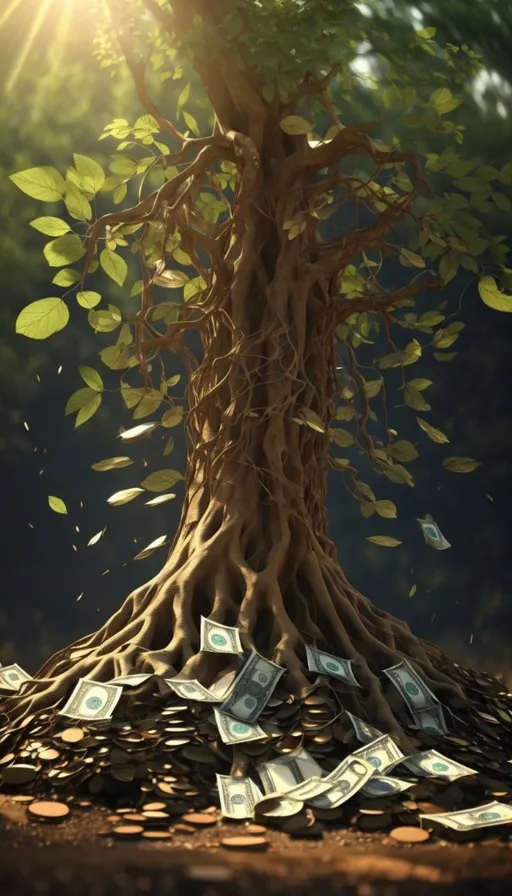 a tree with money falling from it