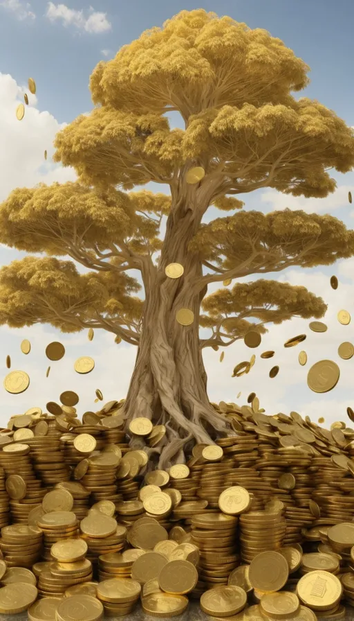 a tree surrounded by gold coins with a sky background