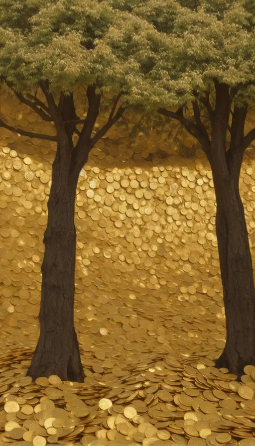 a painting of two trees in a field of gold coins