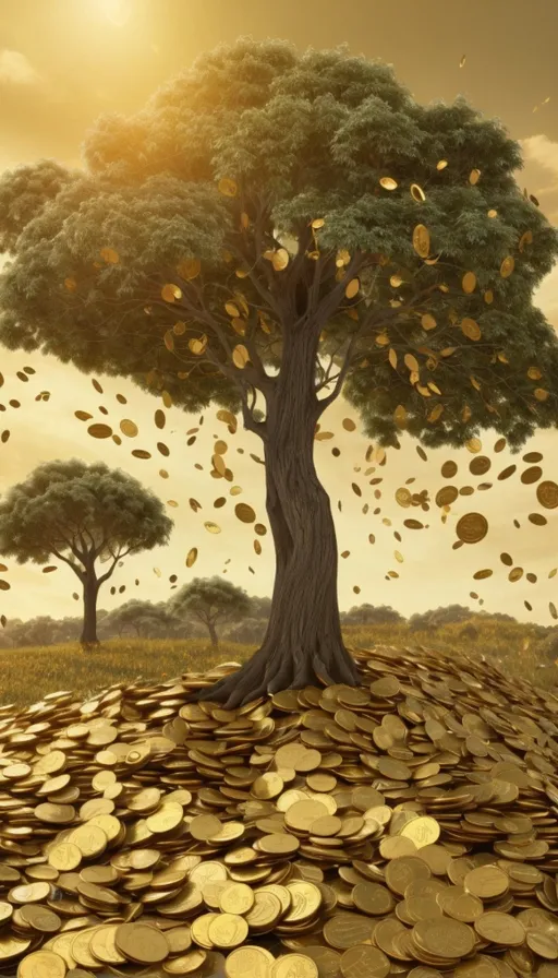 a tree that is growing out of a pile of coins