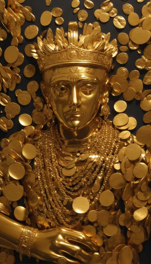 a gold statue of a person surrounded by gold coins