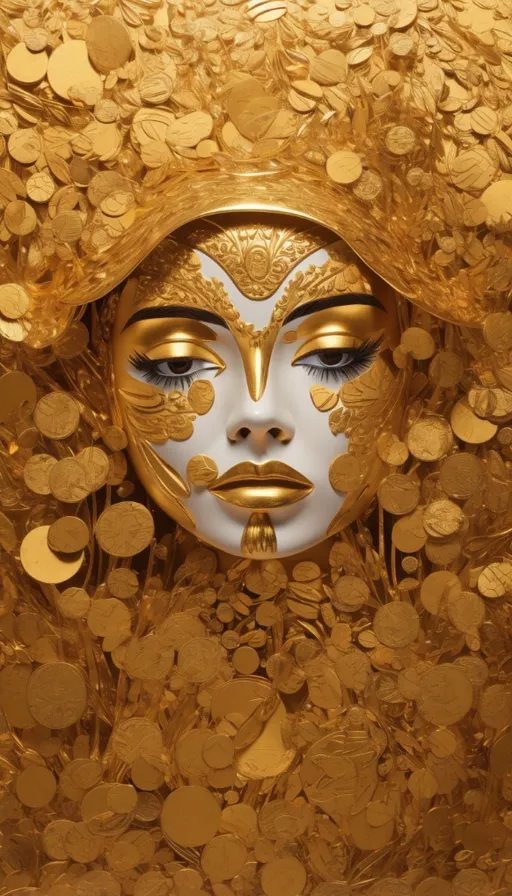 a gold mask with a white face surrounded by gold coins