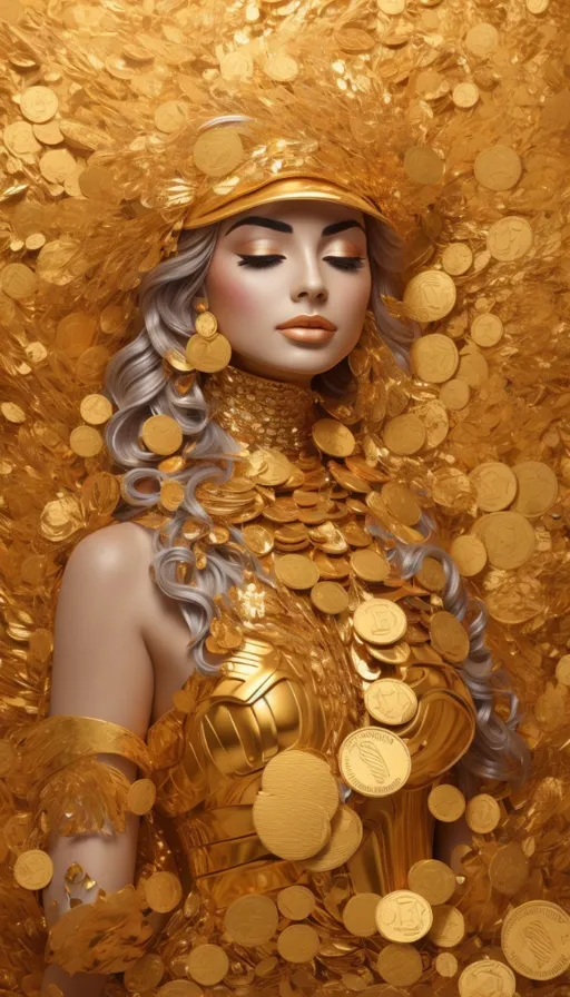 a statue of a woman surrounded by gold coins