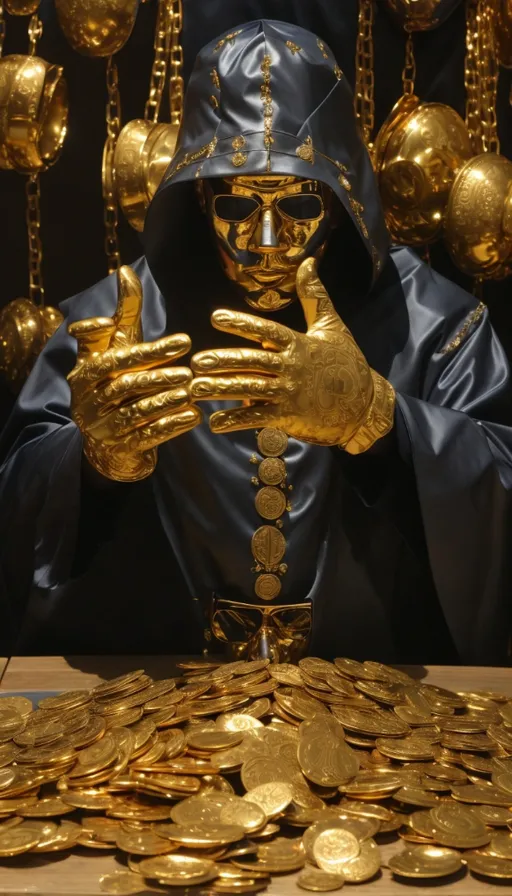 a statue of a person with a lot of gold coins