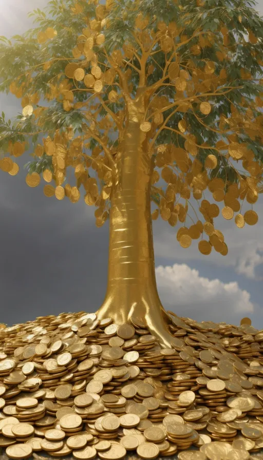 a golden tree on top of a pile of gold coins